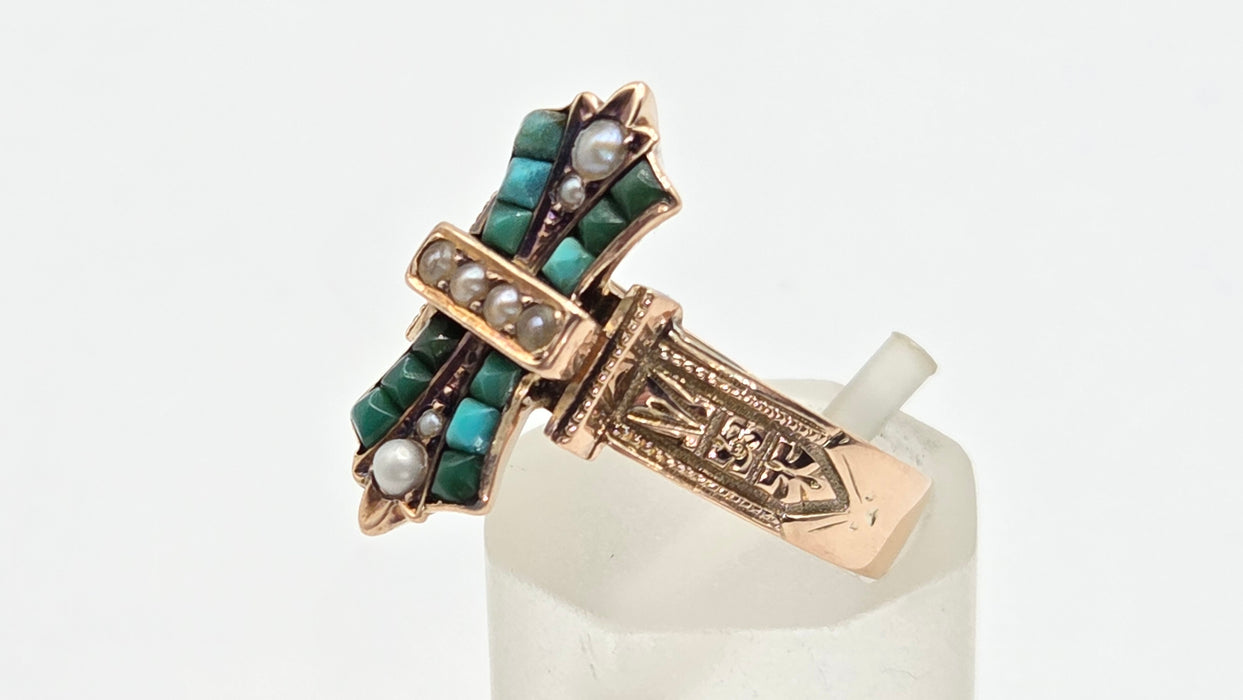 Antique: Victorian 9ct Yellow Gold Turquoise & Seed Pearl Cross Ring