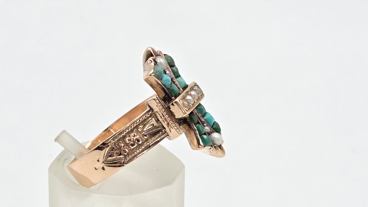 Antique: Victorian 9ct Yellow Gold Turquoise & Seed Pearl Cross Ring