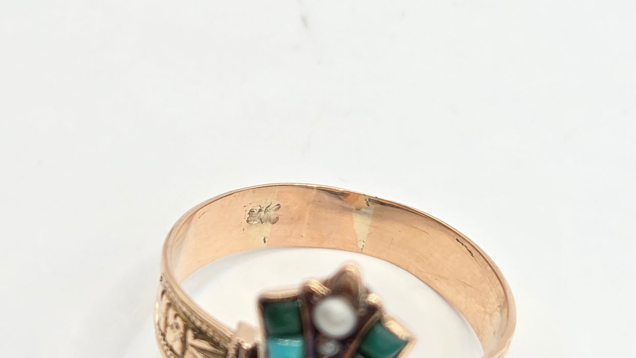 Antique: Victorian 9ct Yellow Gold Turquoise & Seed Pearl Cross Ring