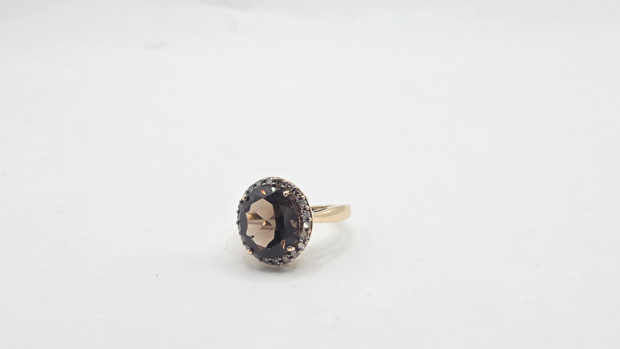 Vintage: 9ct Yellow Gold Smoky Quartz & Champagne Diamond Oval Cluster Ring