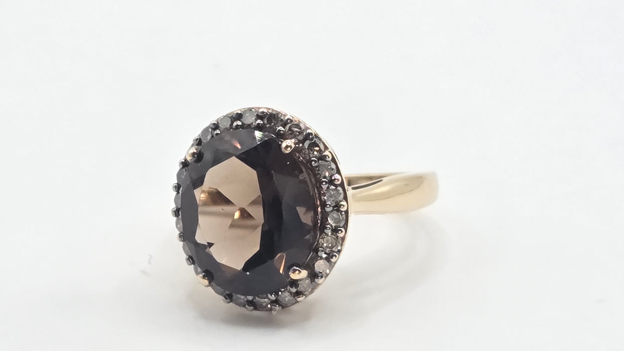 Vintage: 9ct Yellow Gold Smoky Quartz & Champagne Diamond Oval Cluster Ring