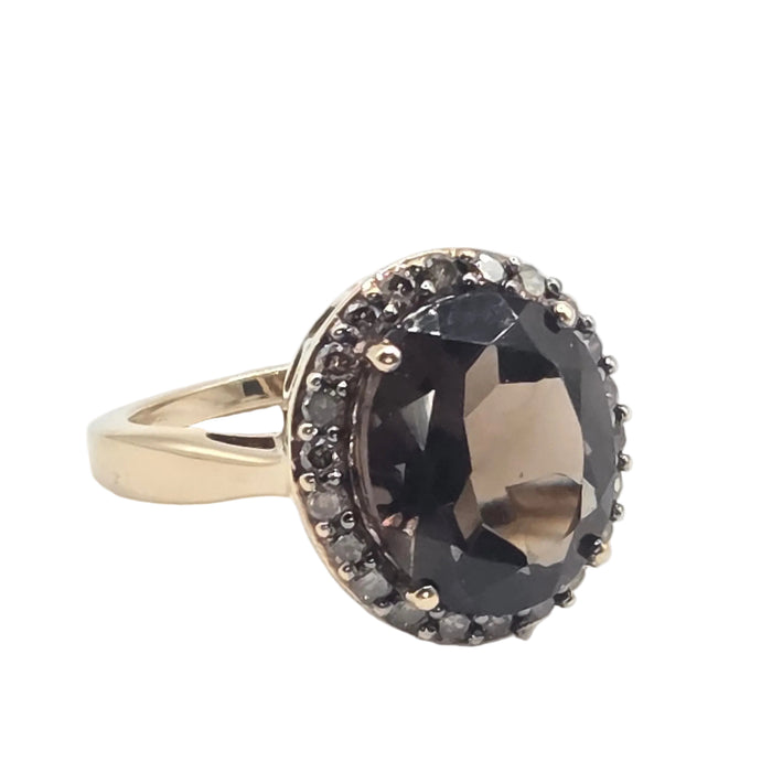 Vintage: 9ct Yellow Gold Smoky Quartz & Champagne Diamond Oval Cluster Ring