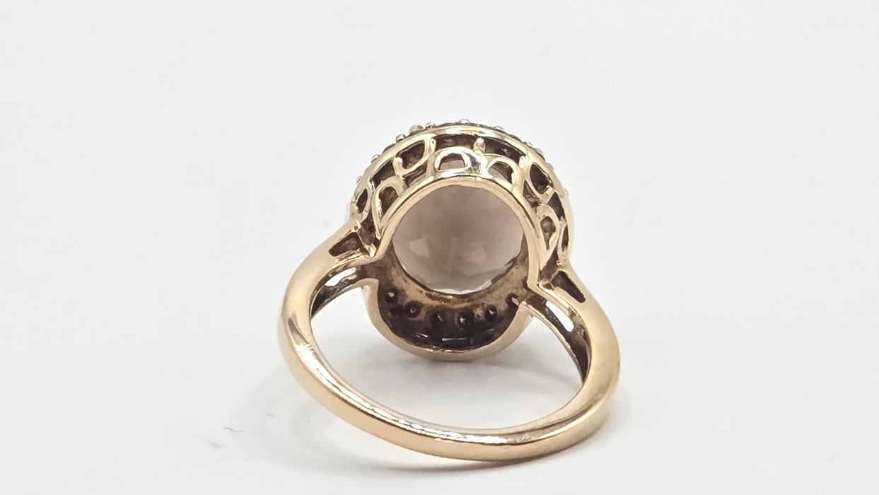 Vintage: 9ct Yellow Gold Smoky Quartz & Champagne Diamond Oval Cluster Ring