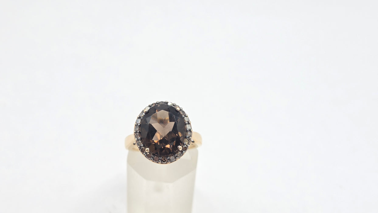 Vintage: 9ct Yellow Gold Smoky Quartz & Champagne Diamond Oval Cluster Ring