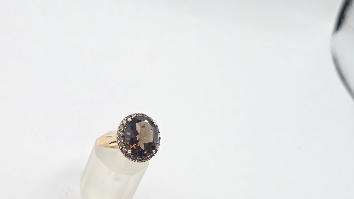 Vintage: 9ct Yellow Gold Smoky Quartz & Champagne Diamond Oval Cluster Ring