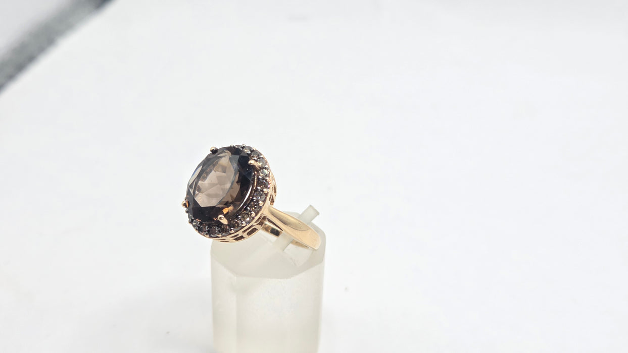 Vintage: 9ct Yellow Gold Smoky Quartz & Champagne Diamond Oval Cluster Ring