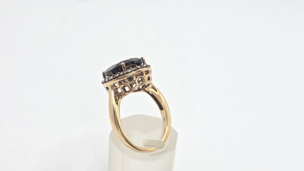 Vintage: 9ct Yellow Gold Smoky Quartz & Champagne Diamond Oval Cluster Ring