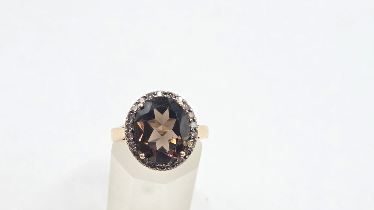 Vintage: 9ct Yellow Gold Smoky Quartz & Champagne Diamond Oval Cluster Ring