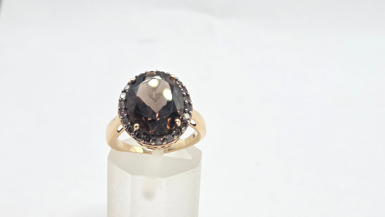 Vintage: 9ct Yellow Gold Smoky Quartz & Champagne Diamond Oval Cluster Ring