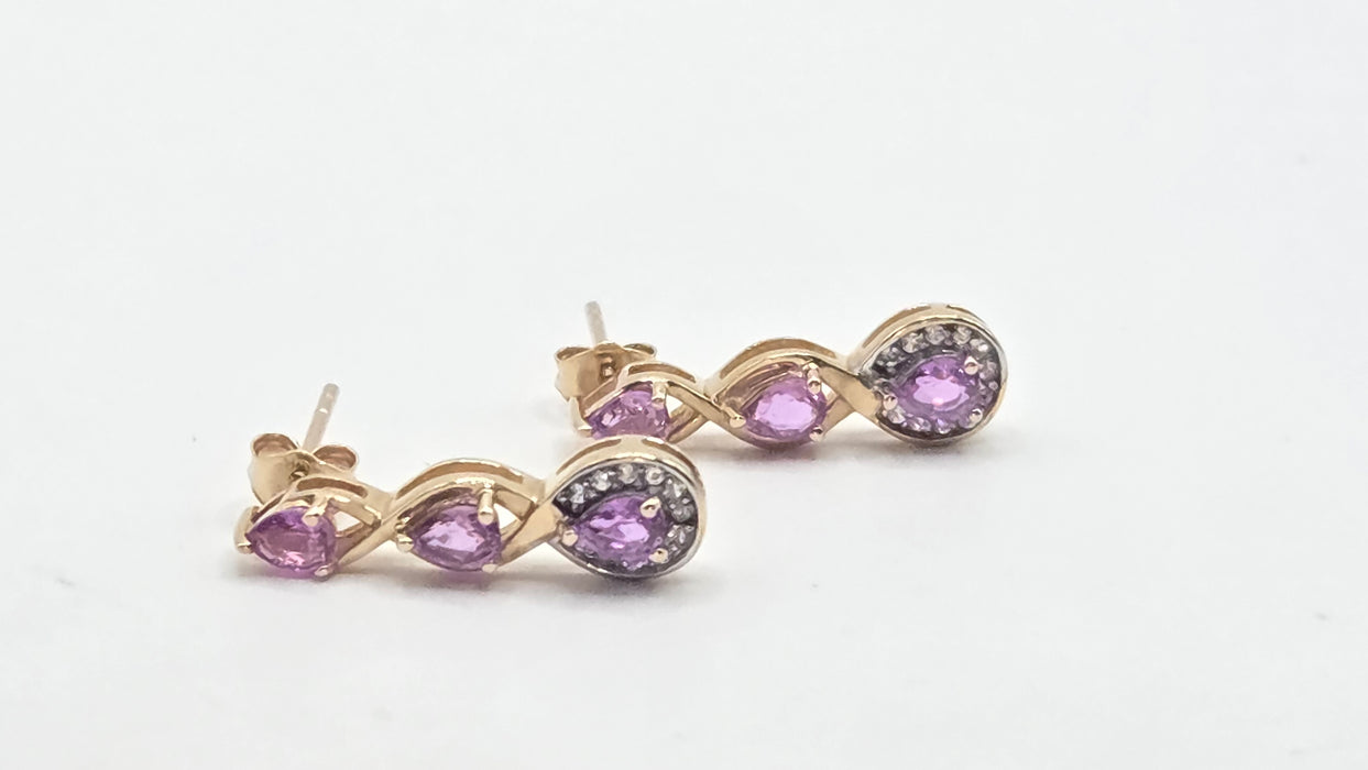 Vintage: 9ct Yellow Gold Purple Sapphire & White Topaz Drop Stud Earrings