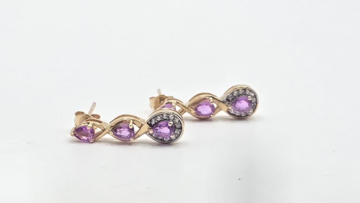 Vintage: 9ct Yellow Gold Purple Sapphire & White Topaz Drop Stud Earrings