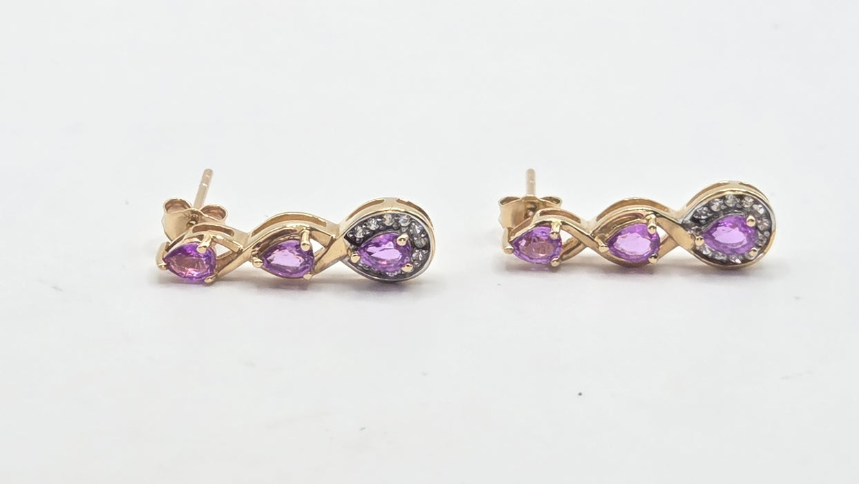 Vintage: 9ct Yellow Gold Purple Sapphire & White Topaz Drop Stud Earrings