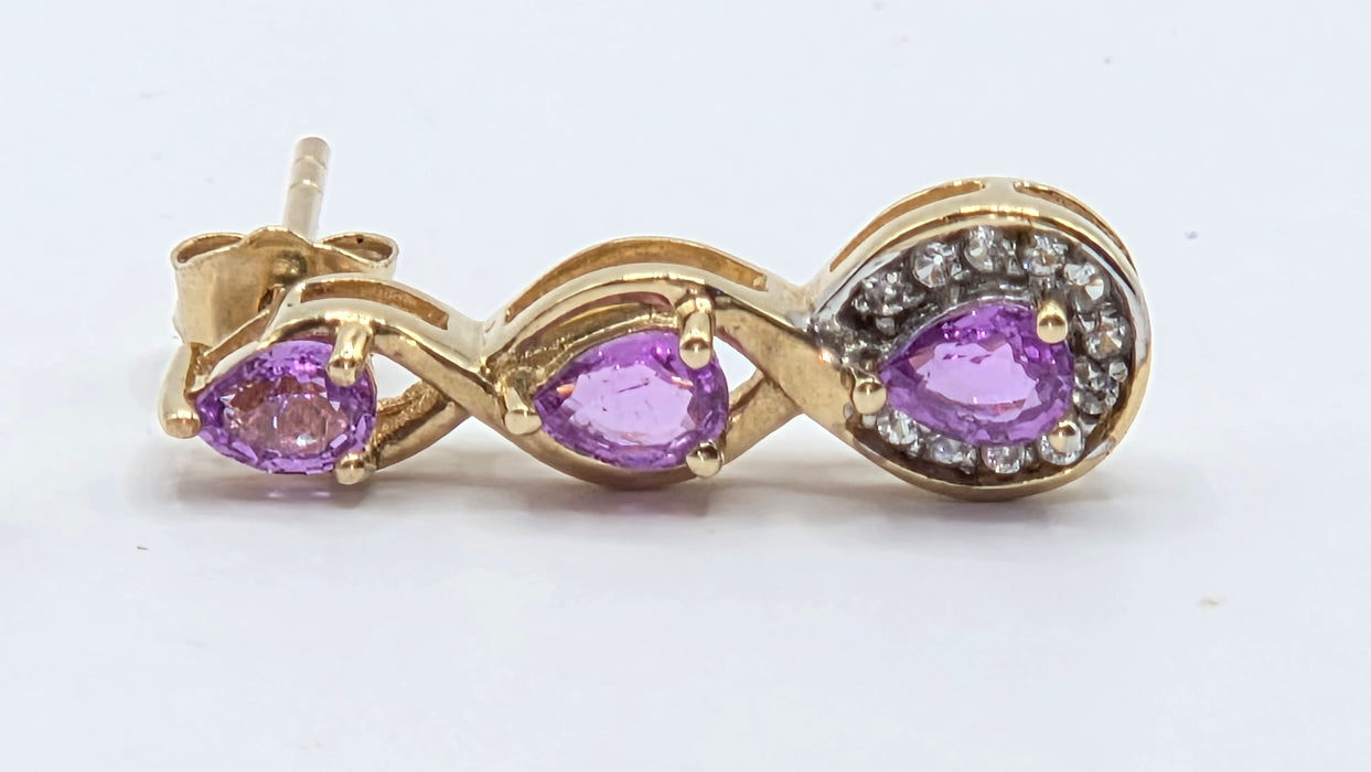 Vintage: 9ct Yellow Gold Purple Sapphire & White Topaz Drop Stud Earrings
