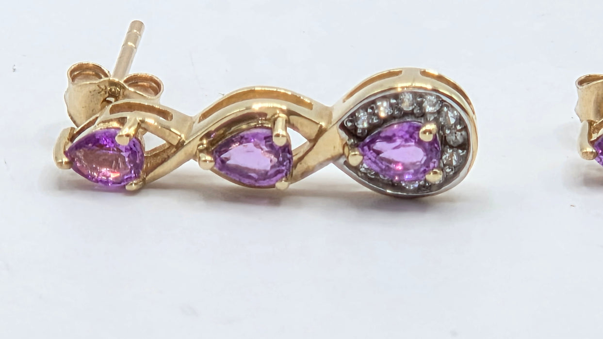Vintage: 9ct Yellow Gold Purple Sapphire & White Topaz Drop Stud Earrings