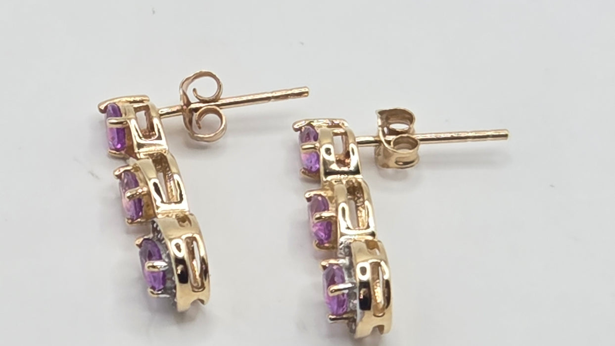 Vintage: 9ct Yellow Gold Purple Sapphire & White Topaz Drop Stud Earrings