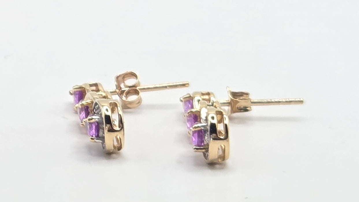 Vintage: 9ct Yellow Gold Purple Sapphire & White Topaz Drop Stud Earrings