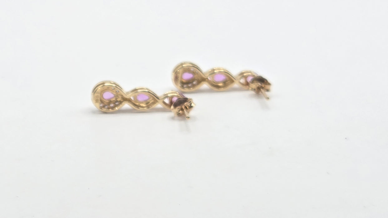 Vintage: 9ct Yellow Gold Purple Sapphire & White Topaz Drop Stud Earrings