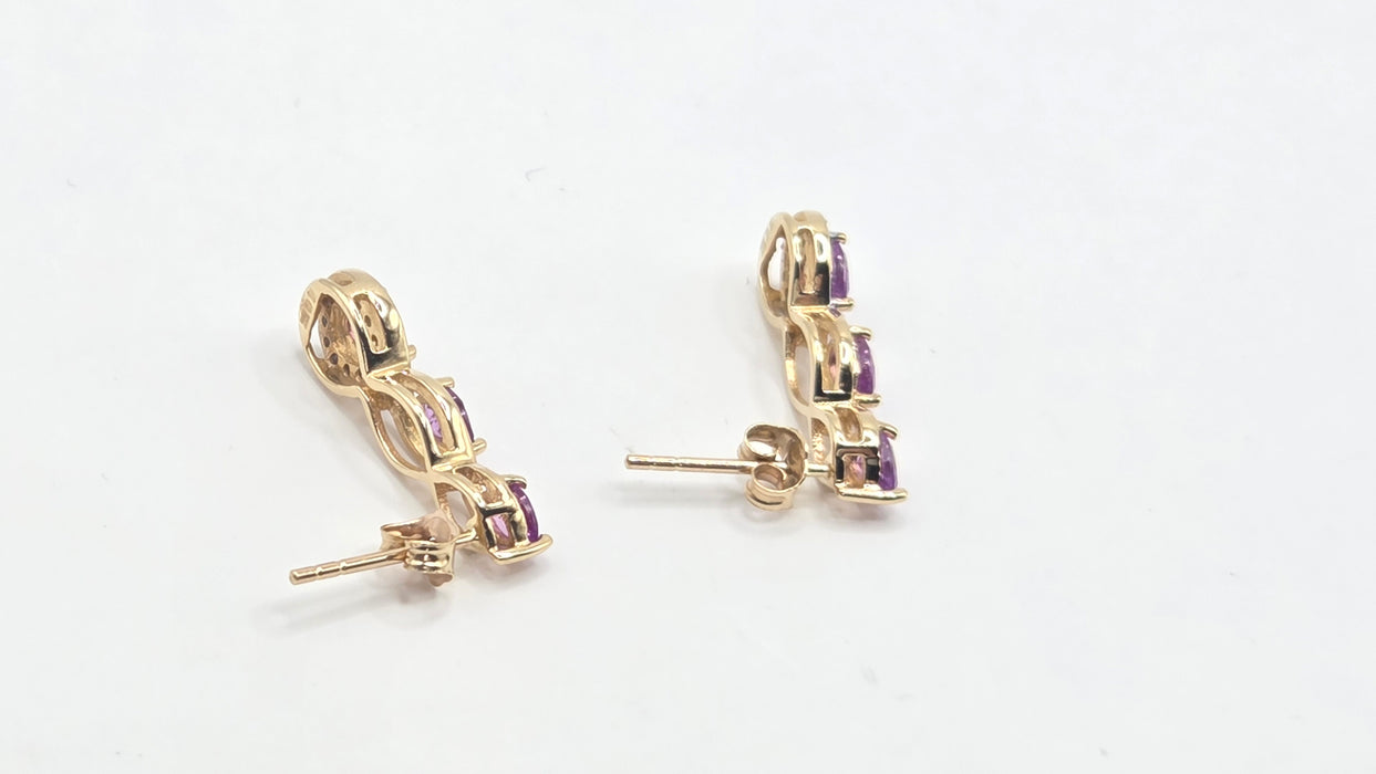 Vintage: 9ct Yellow Gold Purple Sapphire & White Topaz Drop Stud Earrings