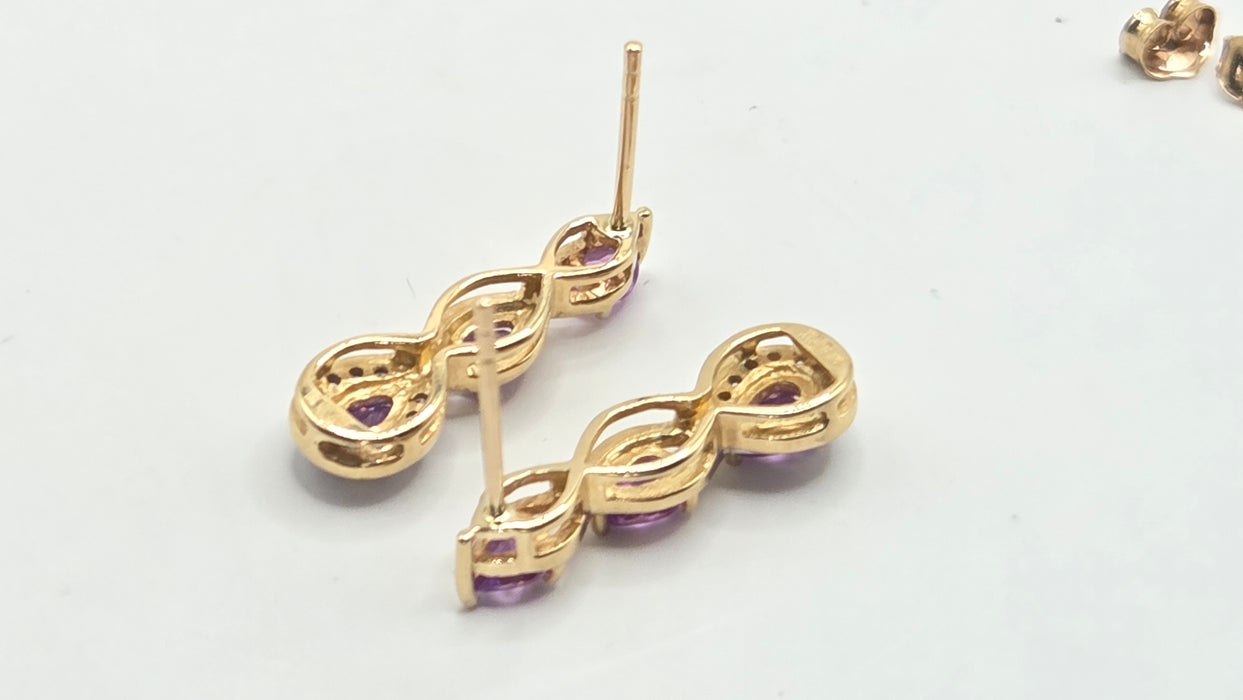 Vintage: 9ct Yellow Gold Purple Sapphire & White Topaz Drop Stud Earrings
