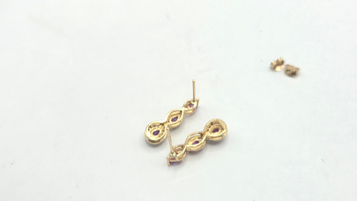 Vintage: 9ct Yellow Gold Purple Sapphire & White Topaz Drop Stud Earrings