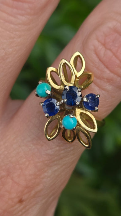 Vintage: 18ct Yellow Gold Sapphire & Turquoise Petal Ring — From 1982