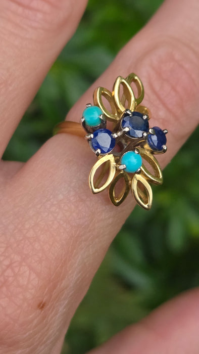 Vintage: 18ct Yellow Gold Sapphire & Turquoise Petal Ring — From 1982