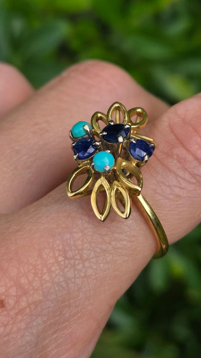 Vintage: 18ct Yellow Gold Sapphire & Turquoise Petal Ring — From 1982