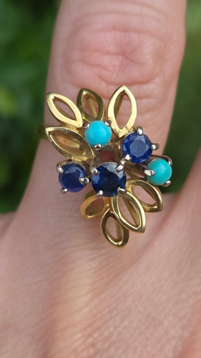 Vintage: 18ct Yellow Gold Sapphire & Turquoise Petal Ring — From 1982