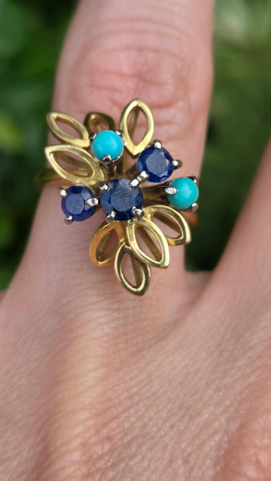 Vintage: 18ct Yellow Gold Sapphire & Turquoise Petal Ring — From 1982