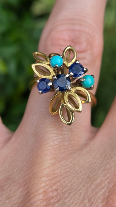 Vintage: 18ct Yellow Gold Sapphire & Turquoise Petal Ring — From 1982