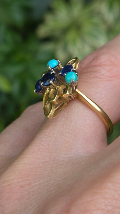 Vintage: 18ct Yellow Gold Sapphire & Turquoise Petal Ring — From 1982