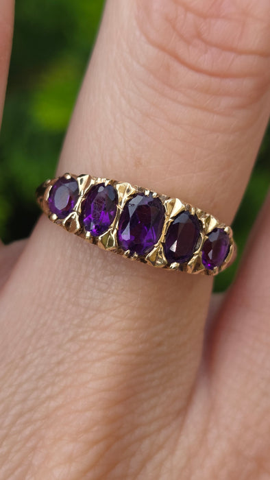 Vintage: 9ct Gold Five-Stone Amethyst Dress Ring