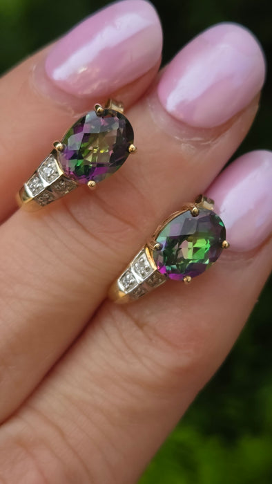 Vintage: 9ct Yellow Gold Mystic Topaz & Diamond Stud Earrings