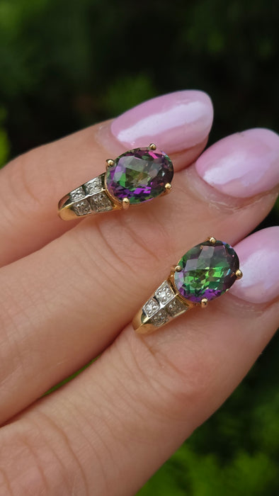 Vintage: 9ct Yellow Gold Mystic Topaz & Diamond Stud Earrings