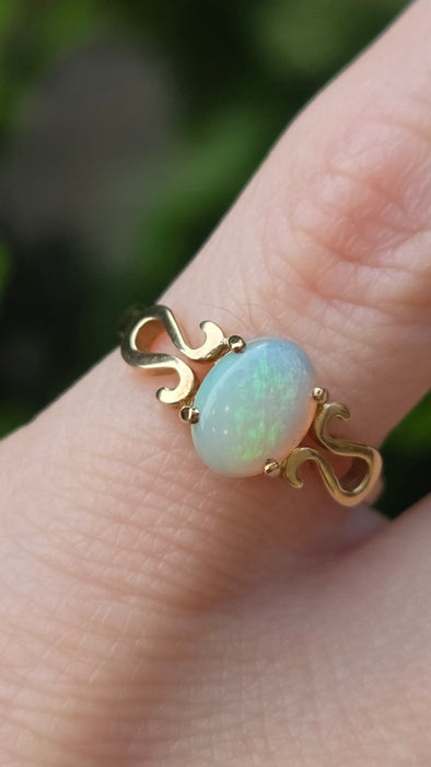 Vintage: 9ct Yellow Gold Oval Opal Scrollwork Solitaire Ring