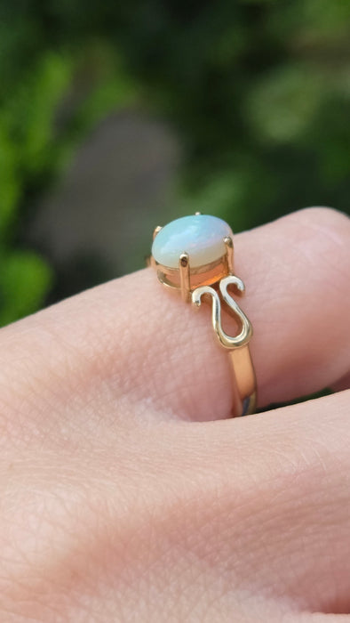 Vintage: 9ct Yellow Gold Oval Opal Scrollwork Solitaire Ring