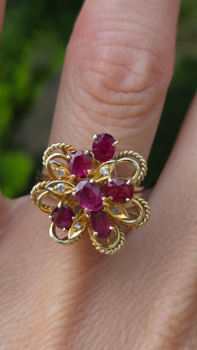 6637: Vintage: 14ct Gold Rubies Diamonds Cocktail Cluster Ring