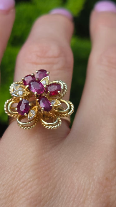 6637: Vintage: 14ct Gold Rubies Diamonds Cocktail Cluster Ring