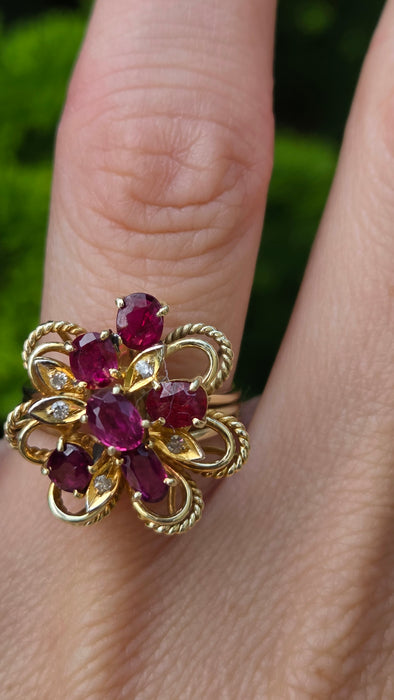 6637: Vintage: 14ct Gold Rubies Diamonds Cocktail Cluster Ring