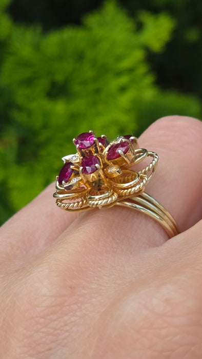 6637: Vintage: 14ct Gold Rubies Diamonds Cocktail Cluster Ring
