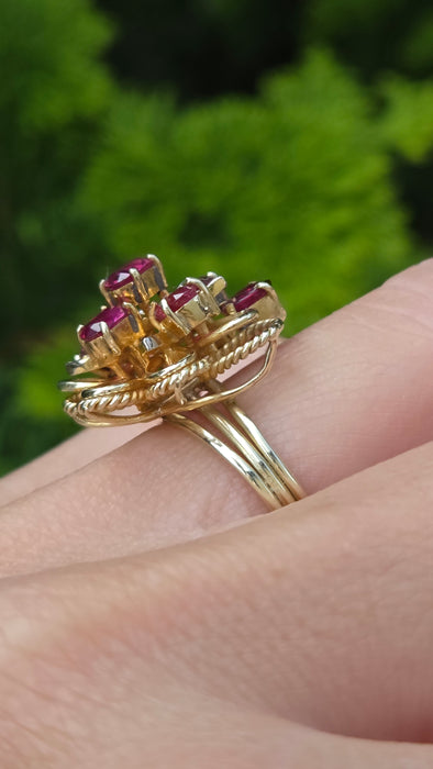 6637: Vintage: 14ct Gold Rubies Diamonds Cocktail Cluster Ring