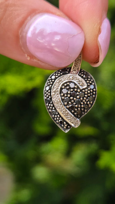 Vintage: 9ct White Gold Black & White Diamond Pavé Heart Pendant
