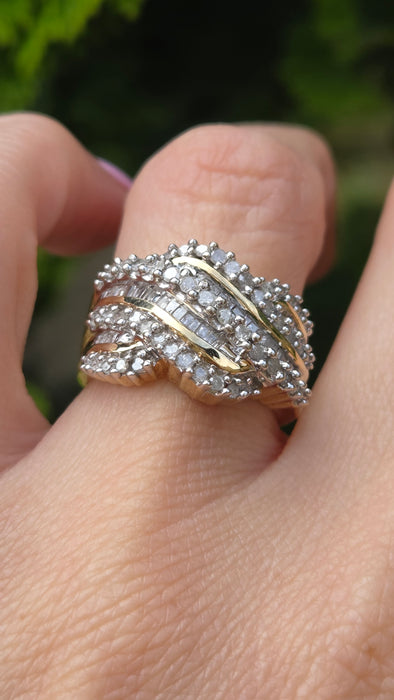 Vintage: 9ct Yellow Gold Diamond Crossover Cocktail Dress Ring
