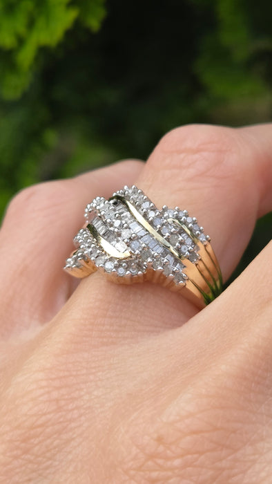 Vintage: 9ct Yellow Gold Diamond Crossover Cocktail Dress Ring