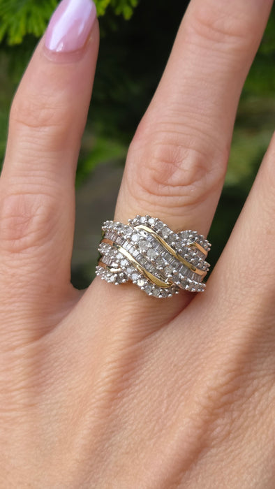 Vintage: 9ct Yellow Gold Diamond Crossover Cocktail Dress Ring