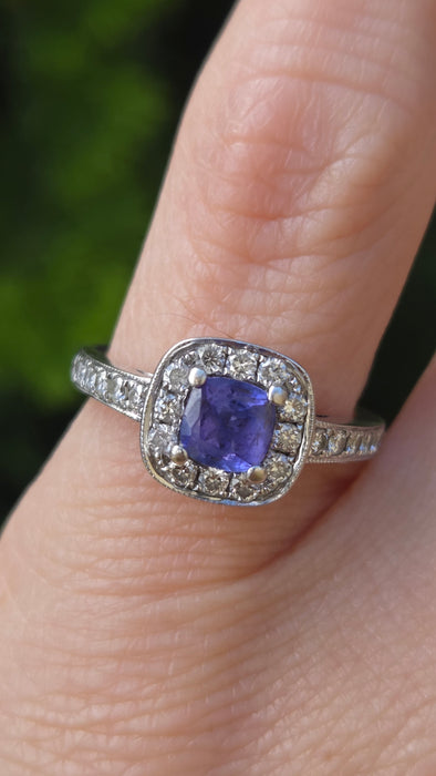 Vintage: 18ct White Gold Tanzanite & Diamond Halo Dress Ring