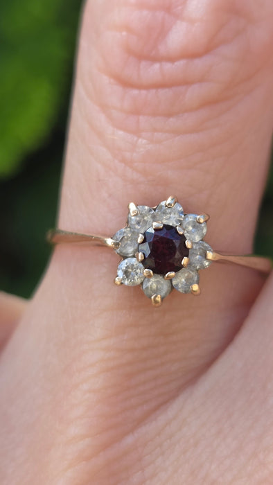 Vintage: 9ct Yellow Gold Garnet & White Spinel Round Cluster Ring — From 1972