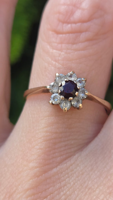 Vintage: 9ct Yellow Gold Garnet & White Spinel Round Cluster Ring — From 1972