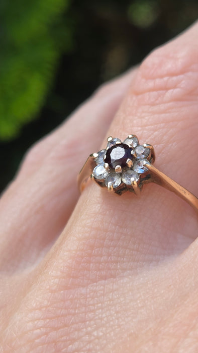 Vintage: 9ct Yellow Gold Garnet & White Spinel Round Cluster Ring — From 1972