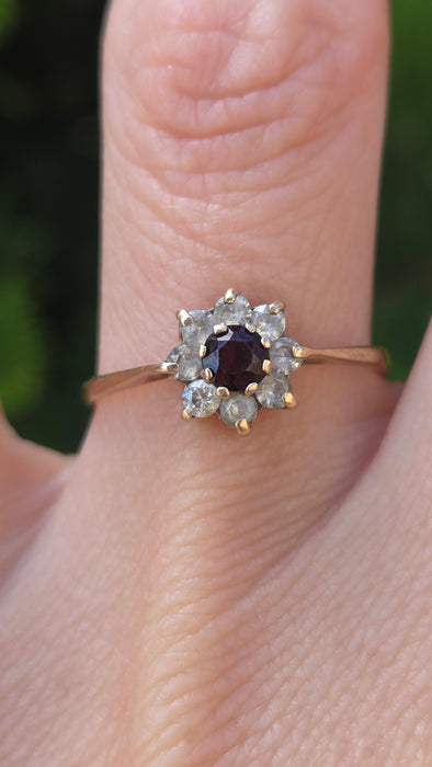 Vintage: 9ct Yellow Gold Garnet & White Spinel Round Cluster Ring — From 1972